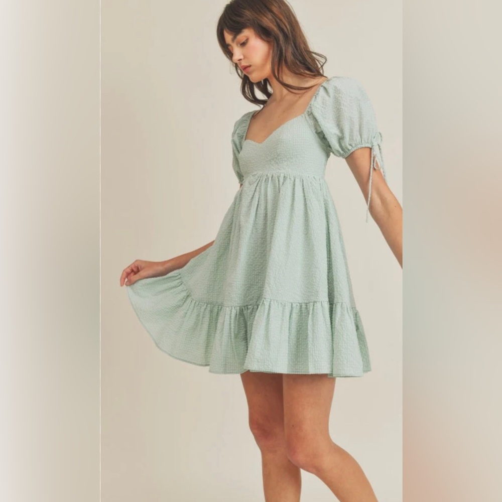 Mable Mint Green Checked Babydoll Puff Sleeve Mini Dress Size S